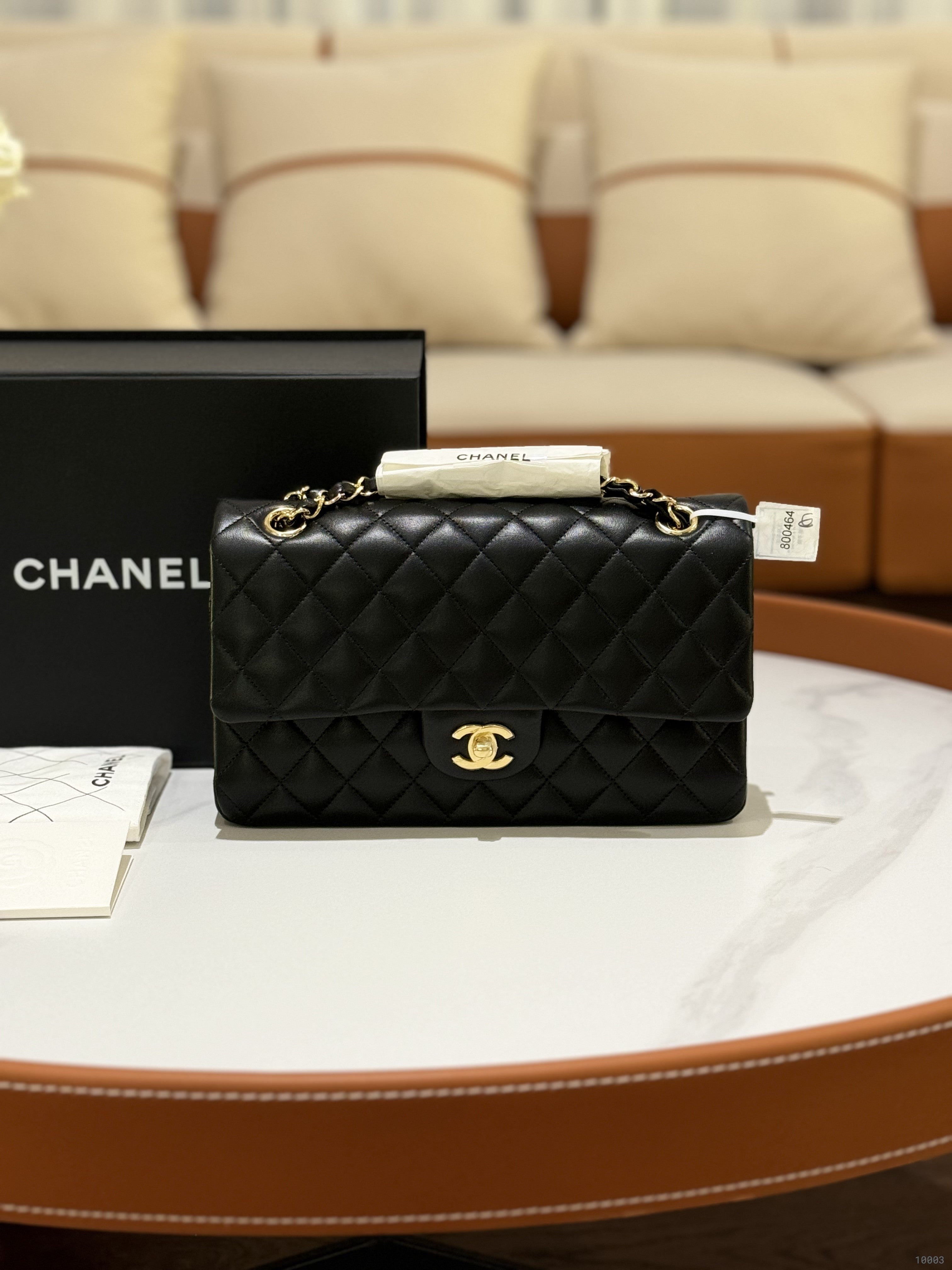 CHANEL CLASSIC FLAP MEDIUM BLACK LAMBSKIN WITH GOLD HARDWARE AND CHIP | COLLINS RAIN