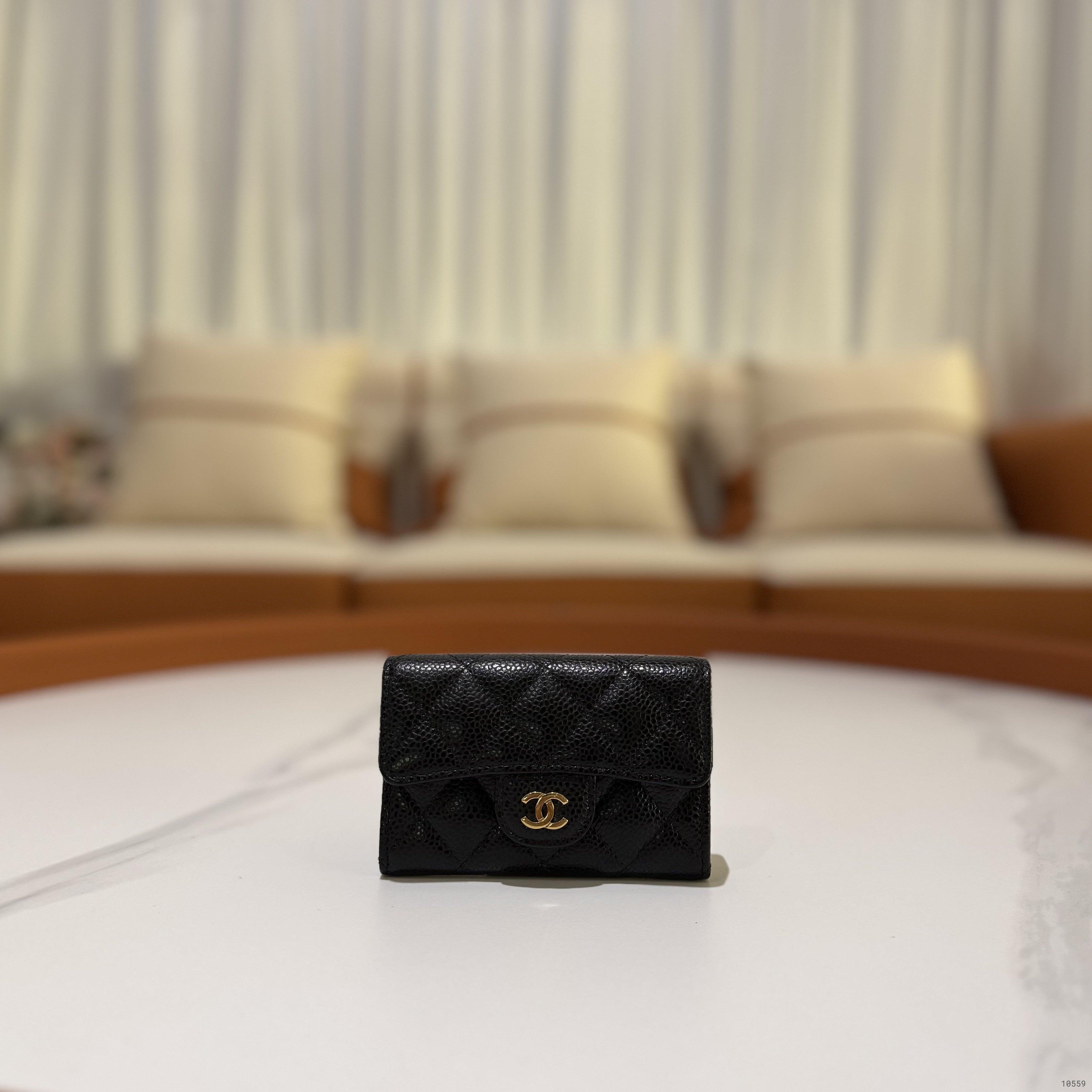 CHANEL CF SERIES BLACK GOLD LYCHEE LEATHER CARD CASE