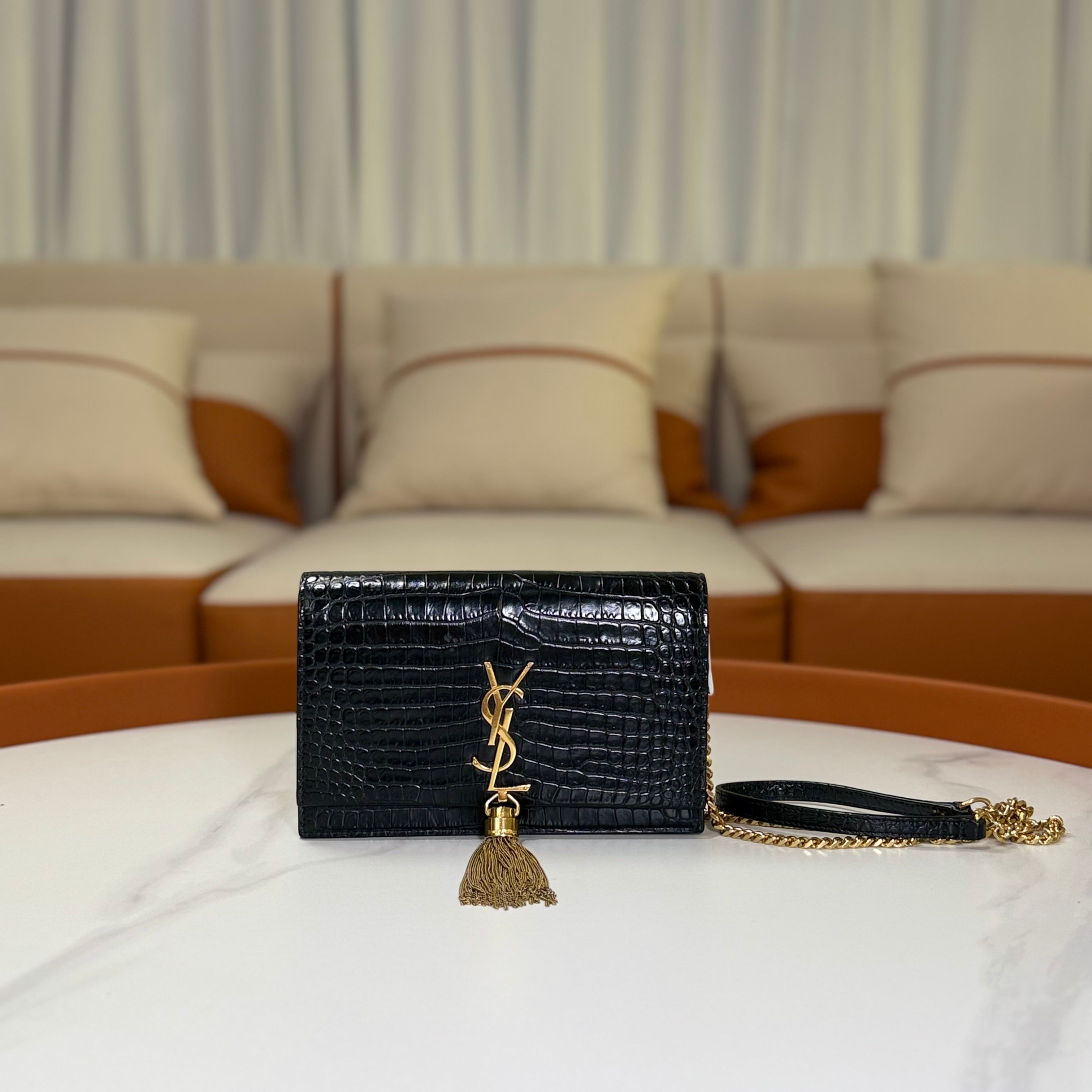 YSL KATE BLACK & GOLD EMBOSSED TASSEL BAG