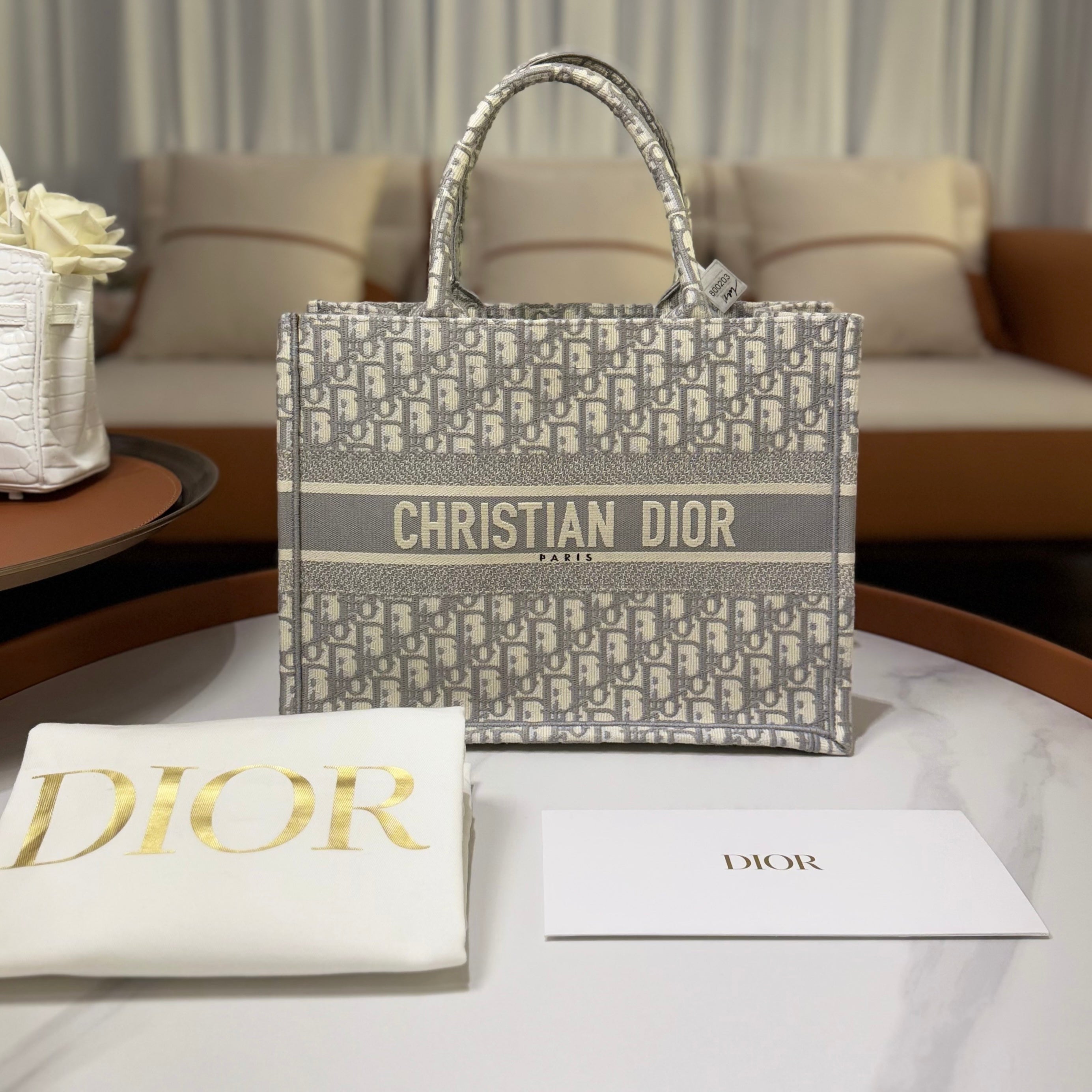 MEDIUM DIOR BOOK TOTE ECRU AND GRAY DIOR OBLIQUE EMBROIDERY