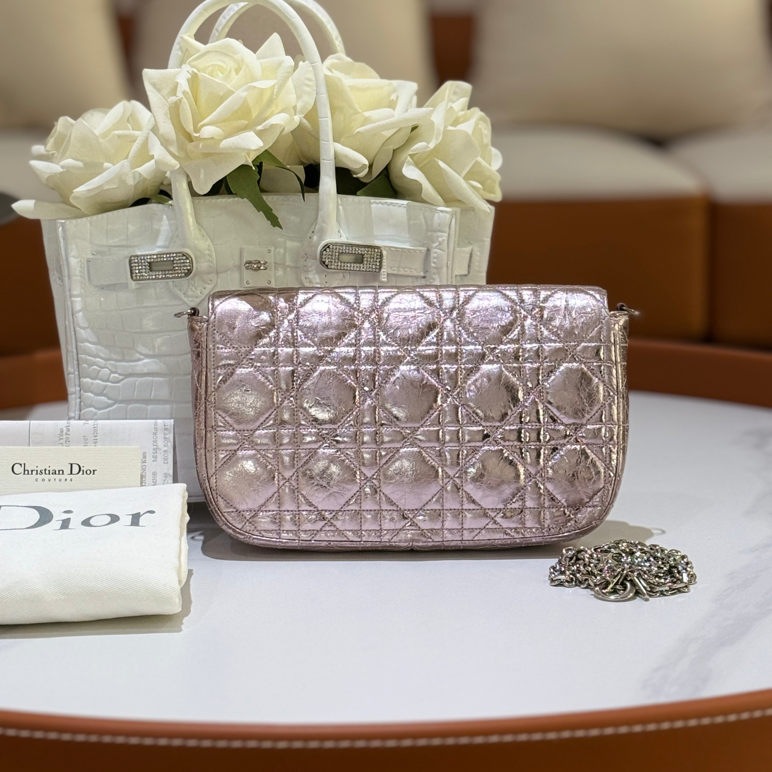 MISS DIOR PEARLESCENT PINK-PURPLE CHAIN BAG | COLLINS RAIN