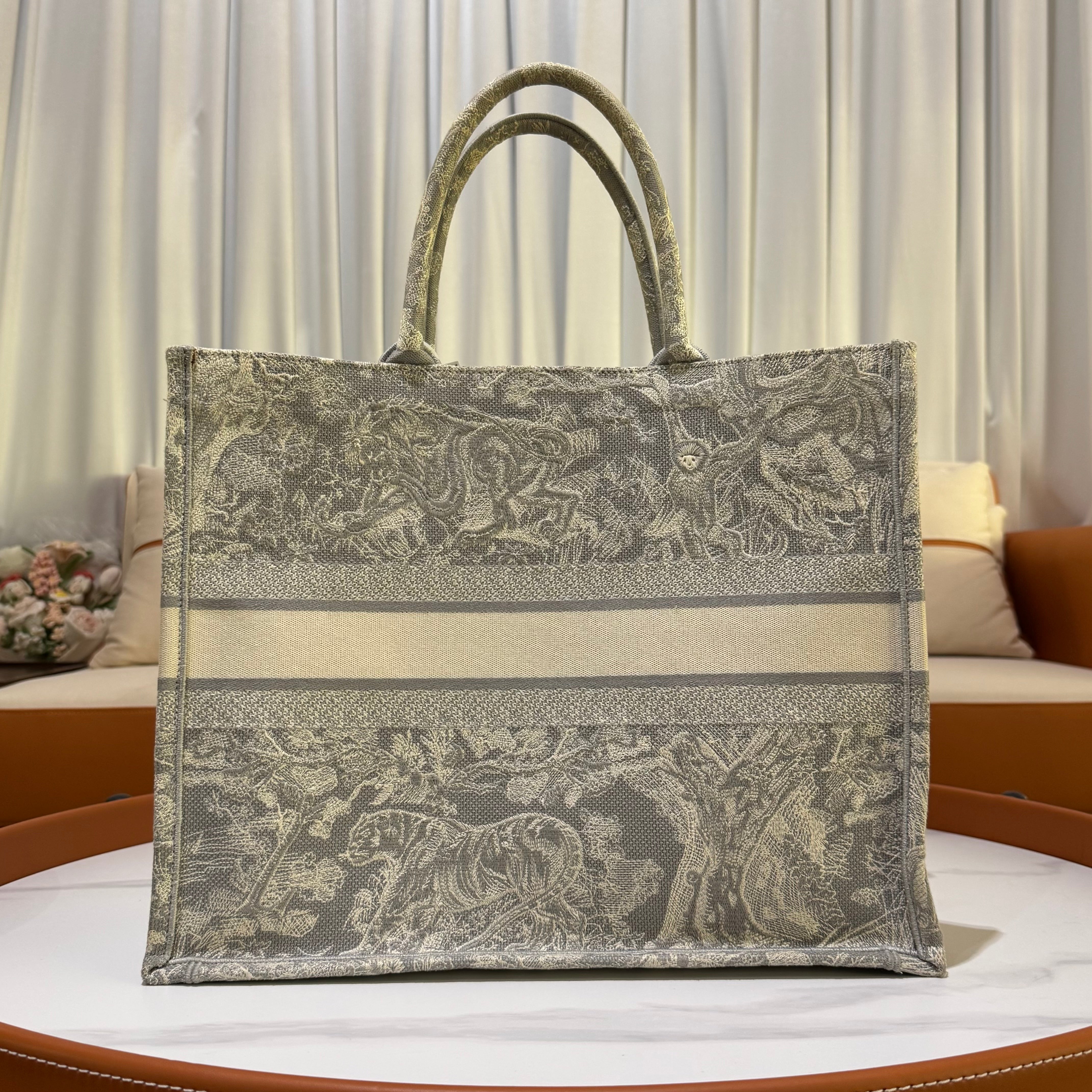 DIOR LARGE TOTE BAG GREY EMBROIDERED ZOO EDITION