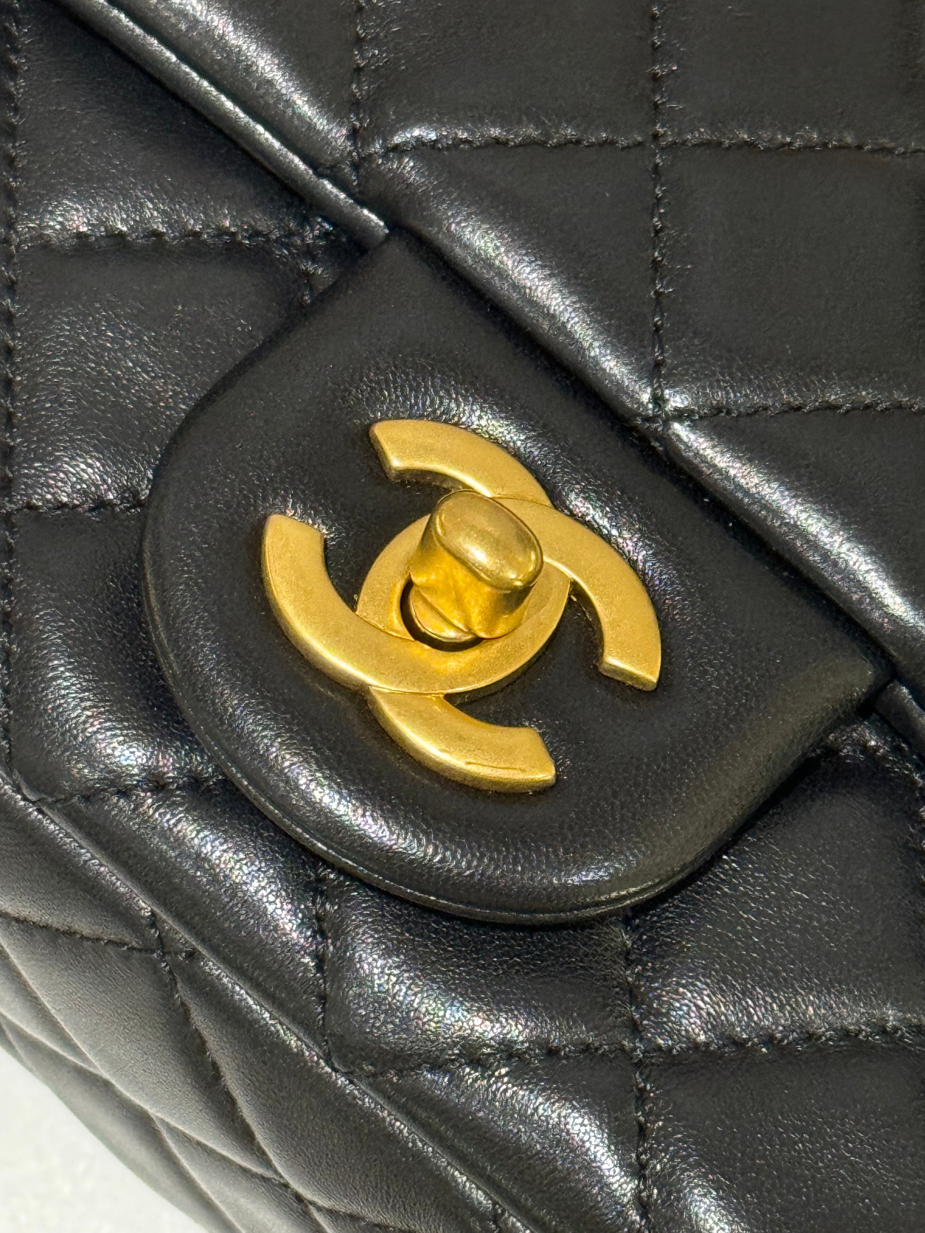 CHANEL CLASSIC FLAP MEDIUM BLACK LAMBSKIN WITH GOLD HARDWARE AND CHIP | COLLINS RAIN